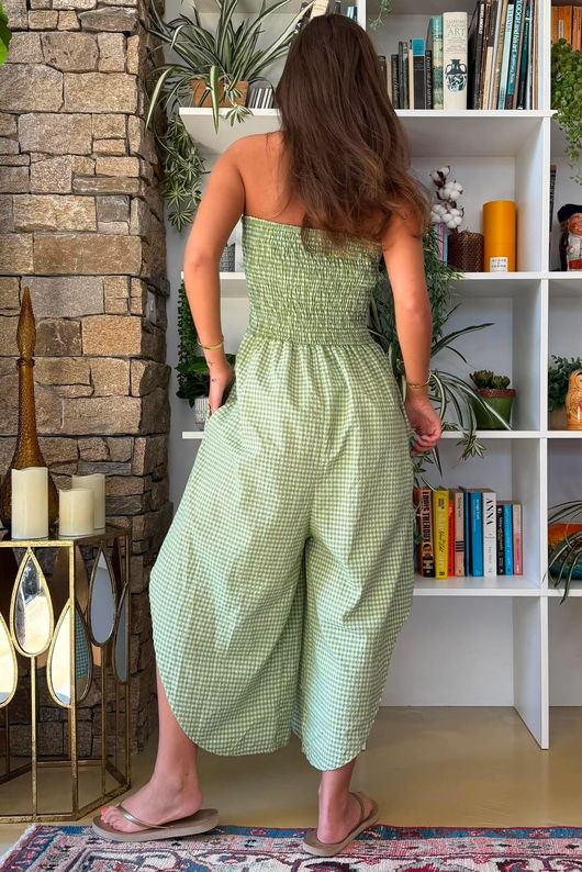 Arbi Gingham Shirring Bandeau Jumpsuit Soft Olive